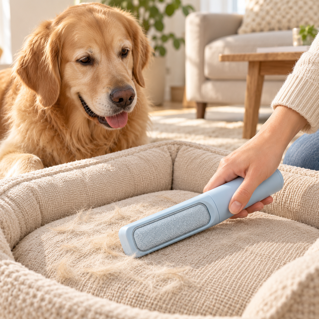 Brosse anti-poils Furléo One bleue utilisée sur un panier pour chien