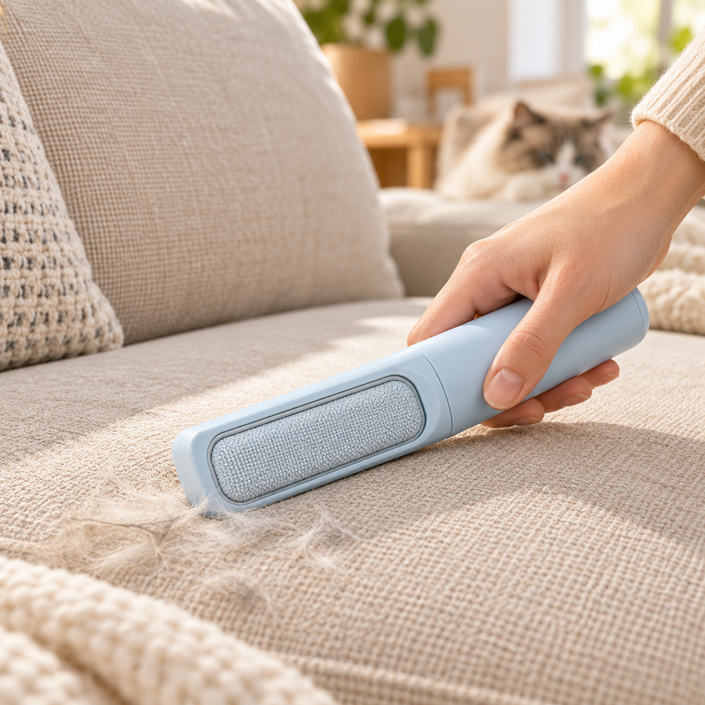 Brosse Furléo One retirant les poils sur un canapé en tissu