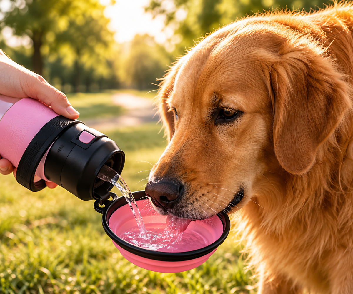 Chien utilisant la gourde de promenade Furléo en balade