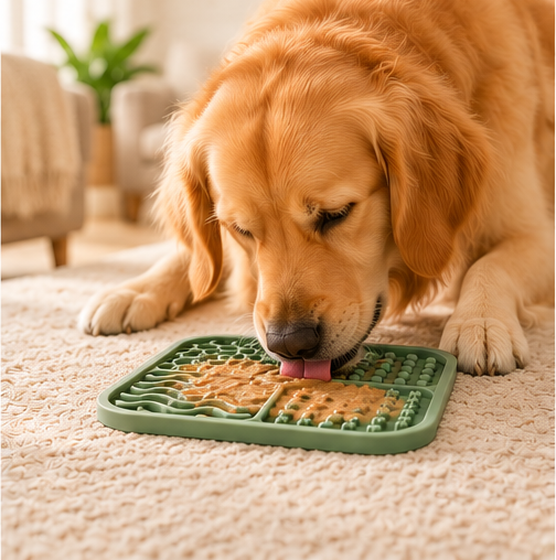 Golden retriever utilisant le tapis Furléo Lick