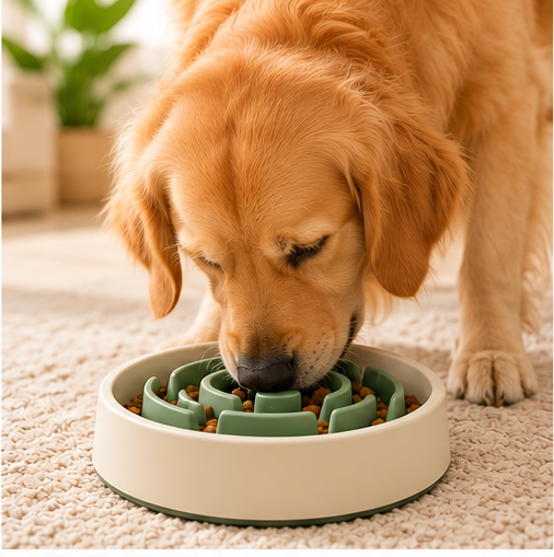 Chien utilisant la gamelle anti-glouton Furléo Slow