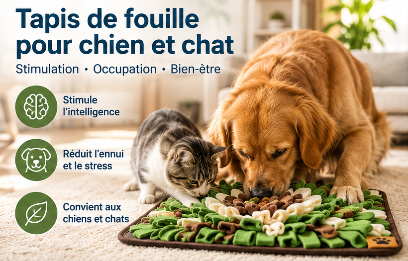 Chien et chat utilisant le tapis de fouille Furléo